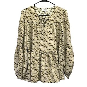 Hayden Los Angeles Tan & Black Womens Tiered Ruffled‎ Yoke Blouse Small